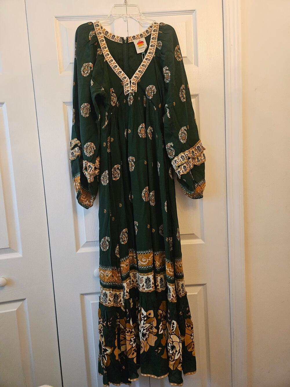 Farm Rio Ayla Long Sleeve Floral Print Green Maxi Dress, Women's Small NWT